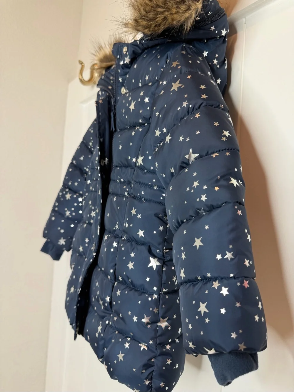 Girls' Navy Star-Print Hooded Puffer Coat with Faux-Fur Trim